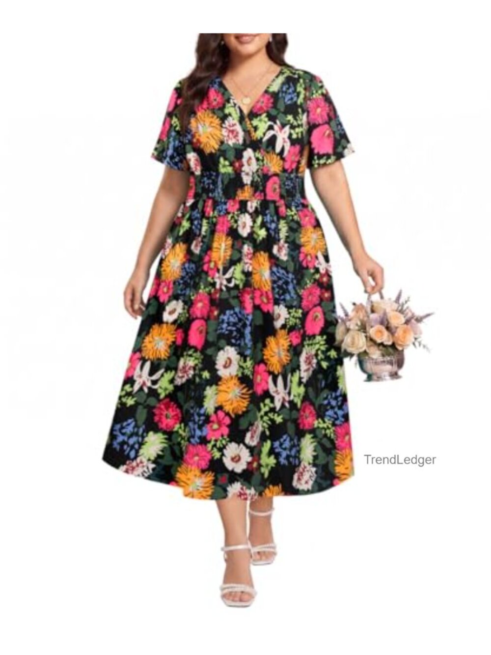 Plus Size V Neck Smocked Waist Floral Maxi Dress Short Sleeve Boho A-Line